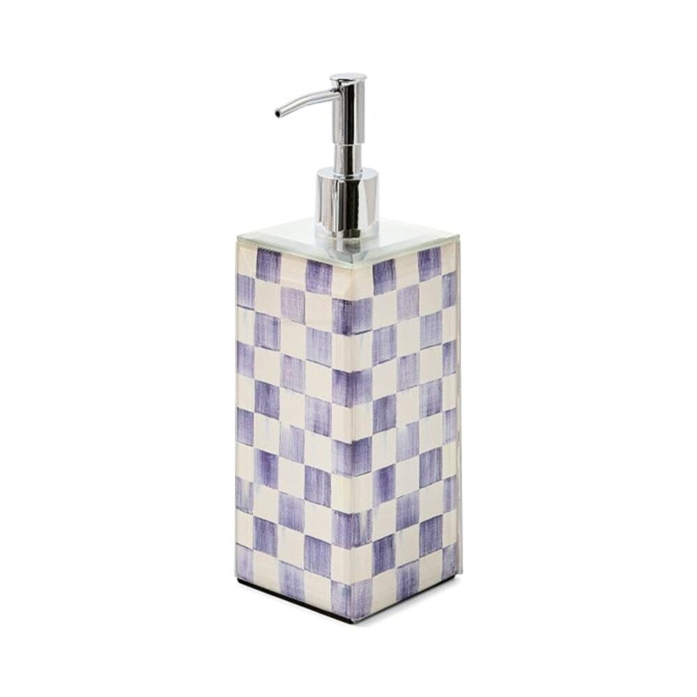 New MacKenzie-Childs Violet Check Glass Soap Pump Dispenser in Original Box